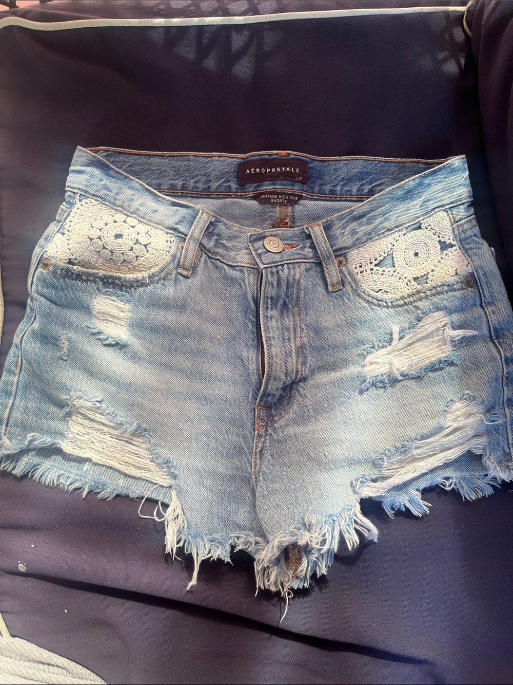 Aeropostale Light Blue Distressed Denim Shorts with Crochet Trim